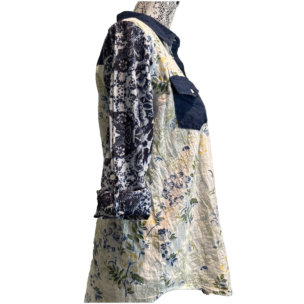 Vintage Gora‎ Button Up Blue Floral Peasant Top Lightweight Coastal Beach S - Picture 6 of 16